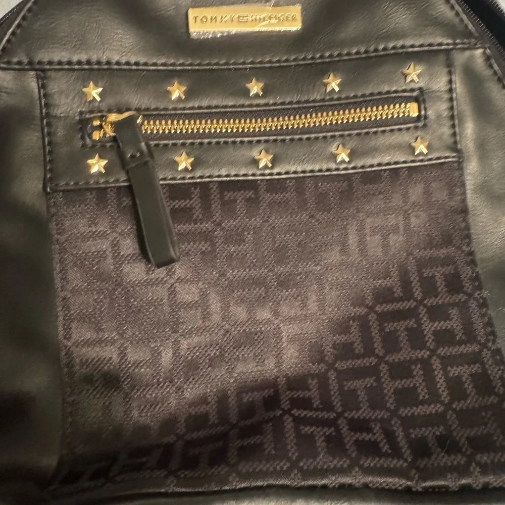 Tommy Hilfiger TH Monogram Star‑Studded Dome Backpack·Black/Gold · Faux Leather